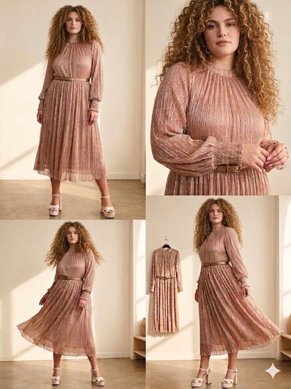Elloquii Shimmering Rose Gold Metallic Pleated Dress. Size 14. 70’s inspired